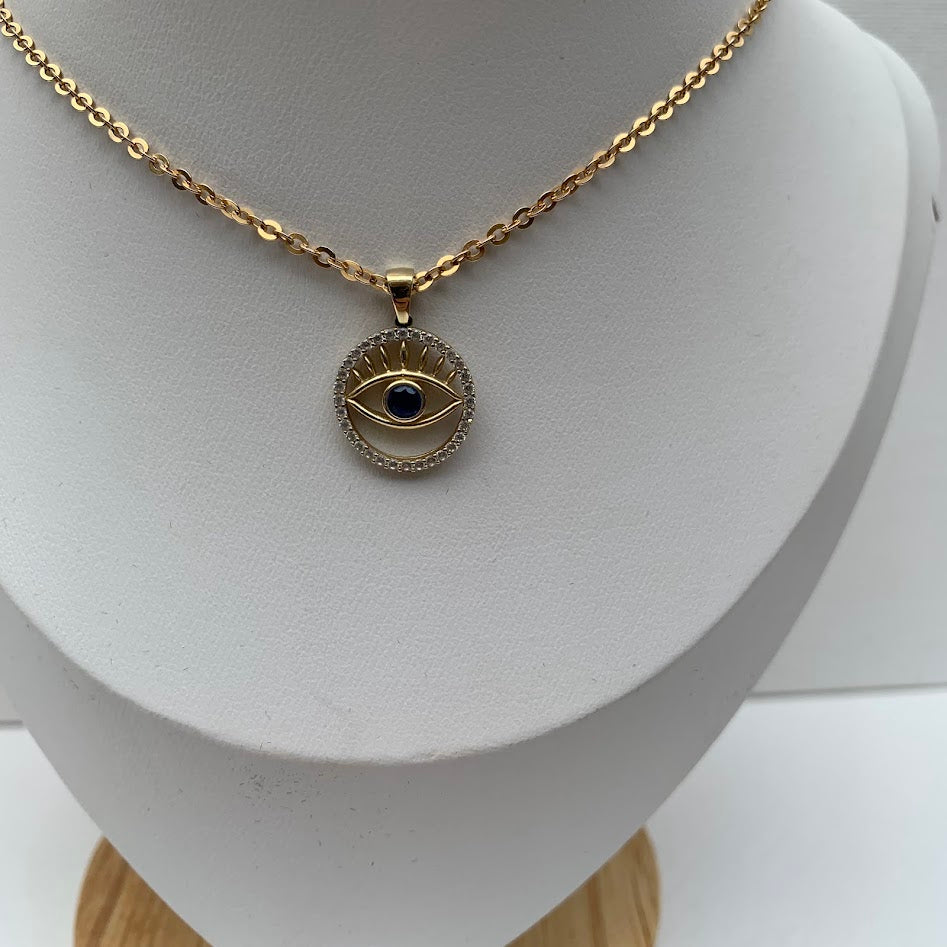 10K Gold Evil Eye Pendant | Blue CZ & CZ Halo | 1.26g
