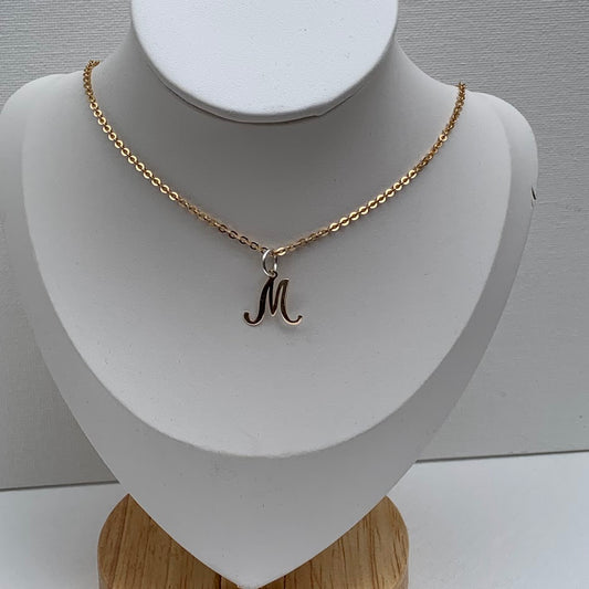 9K Gold Script Letter M Pendant with Sterling Silver Bail