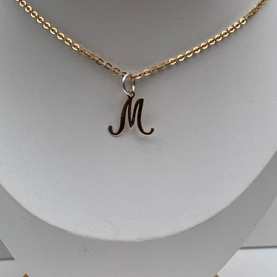 9K Gold Script Letter M Pendant with Sterling Silver Bail