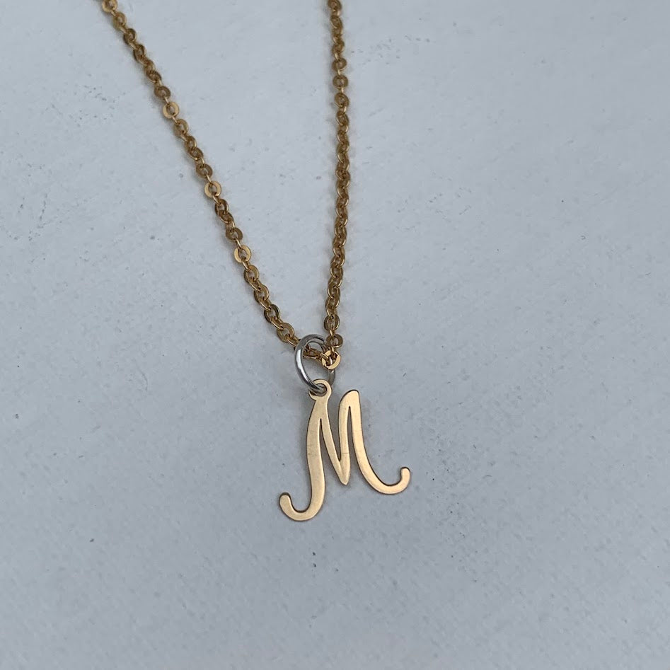 9K Gold Script Letter M Pendant with Sterling Silver Bail