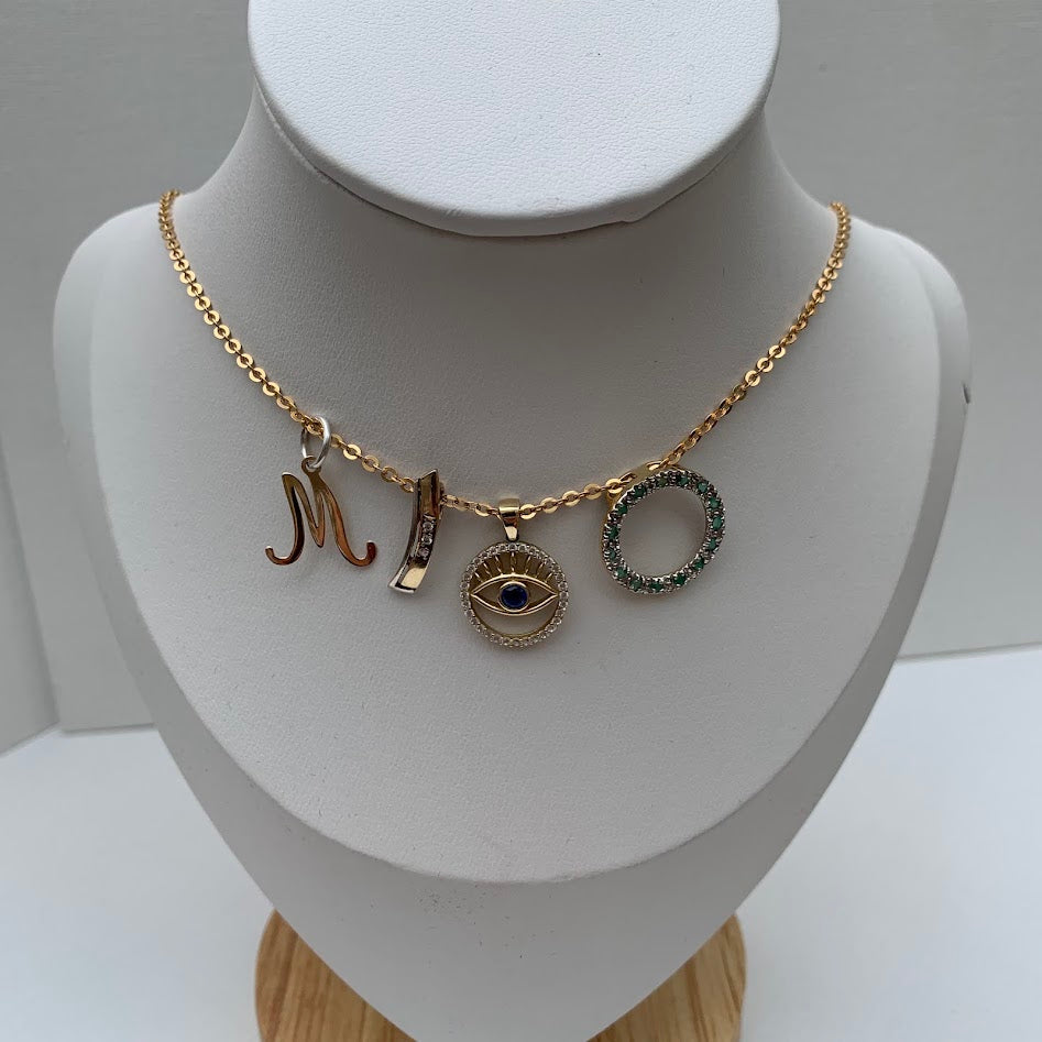 9K Gold Script Letter M Pendant with Sterling Silver Bail