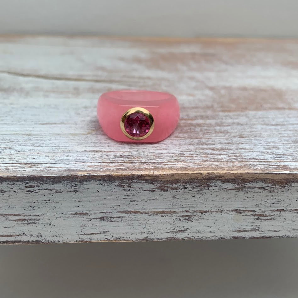 Pink Jade Ring with 14K Gold Bezel | Size 6.75