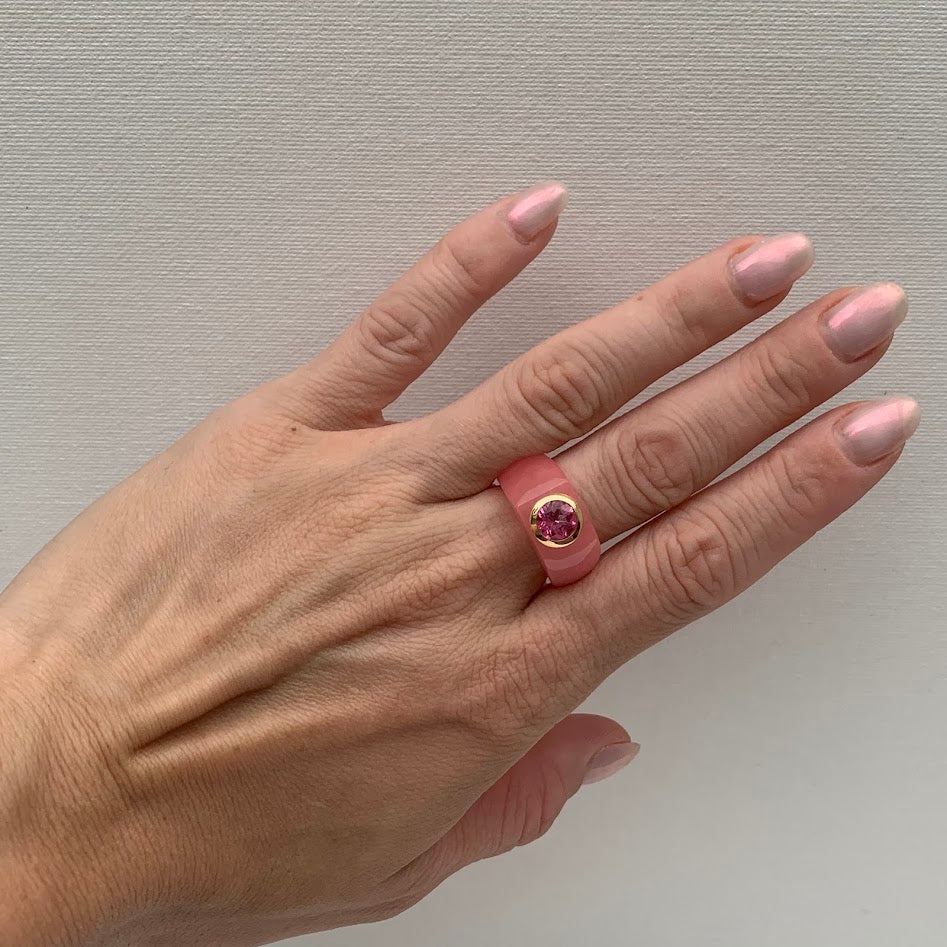 Pink Jade Ring with 14K Gold Bezel | Size 6.75