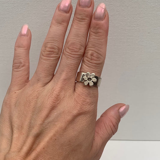 Vintage Mexico 925 Sterling Silver Flower Ring | Chunky Statement Band Size 8.5