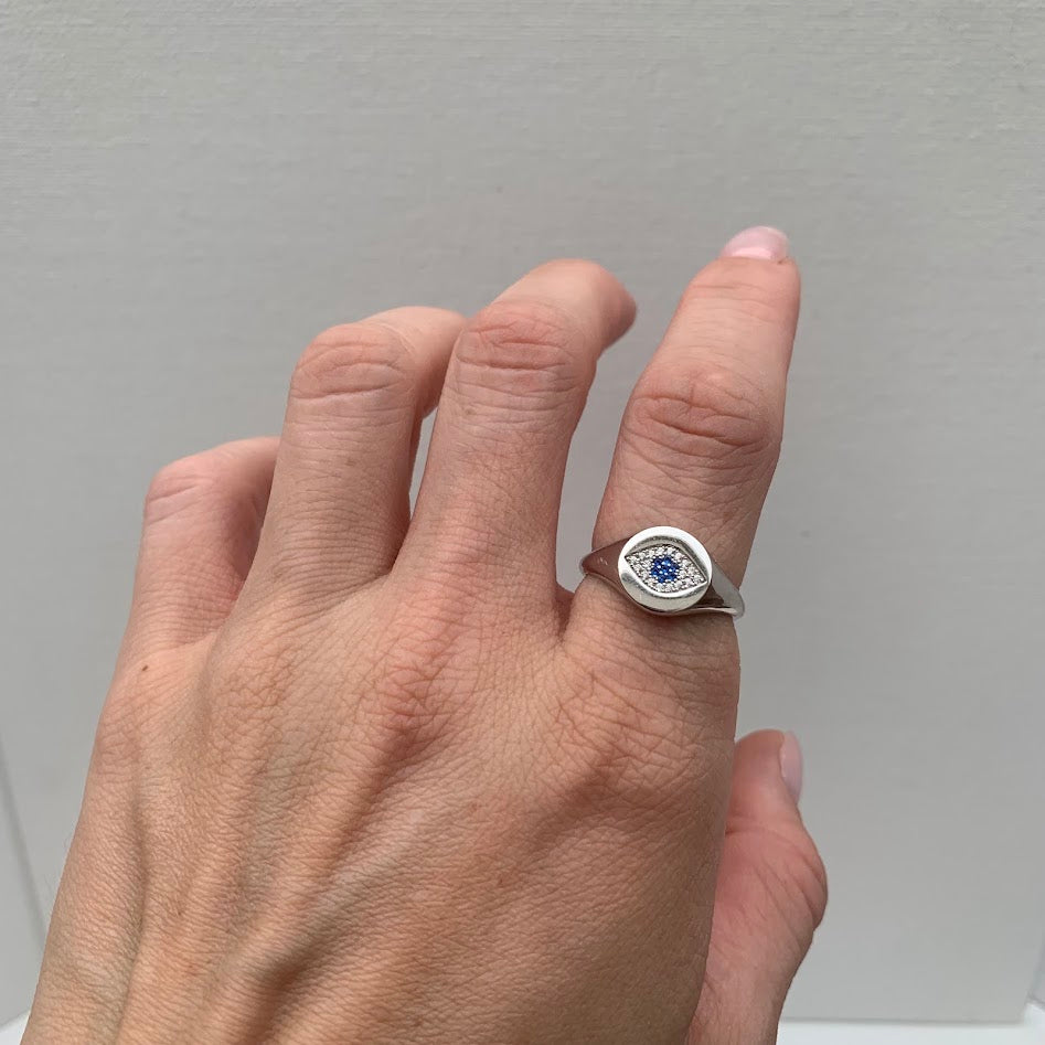 Sterling Silver Evil Eye Signet Ring | Blue & White CZ | Size 8