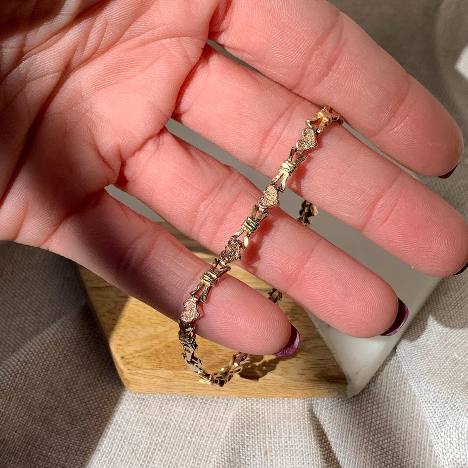 14K Gold Heart & Bow Fancy Link Bracelet | 6.1g | 7.25"