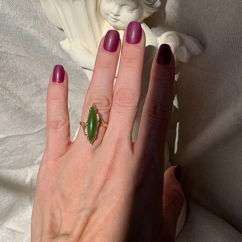 10K Gold Authentic Nephrite Jade Navette Ring | 4.21g | Size 5.25
