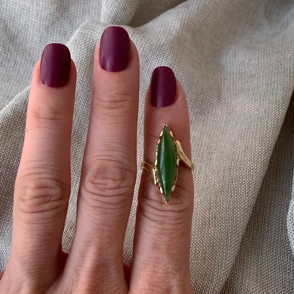 10K Gold Authentic Nephrite Jade Navette Ring | 4.21g | Size 5.25