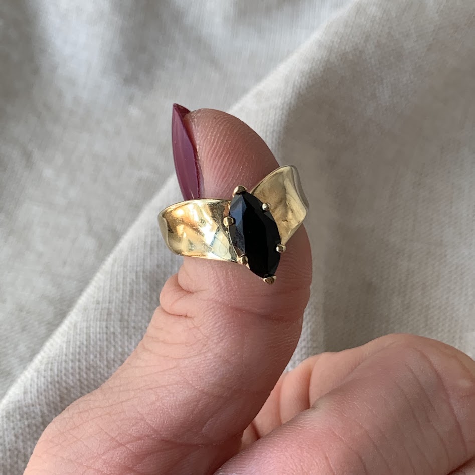 10K Gold Marquise Black Onyx Statement Ring | 5.42g | Size 6.5