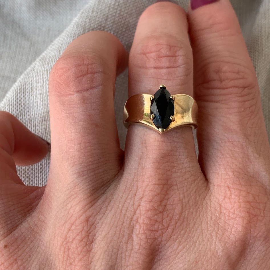 10K Gold Marquise Black Onyx Statement Ring | 5.42g | Size 6.5