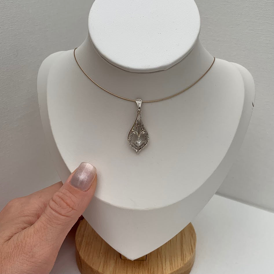 Art Deco 14K Gold & Platinum Natural Diamond Pendant