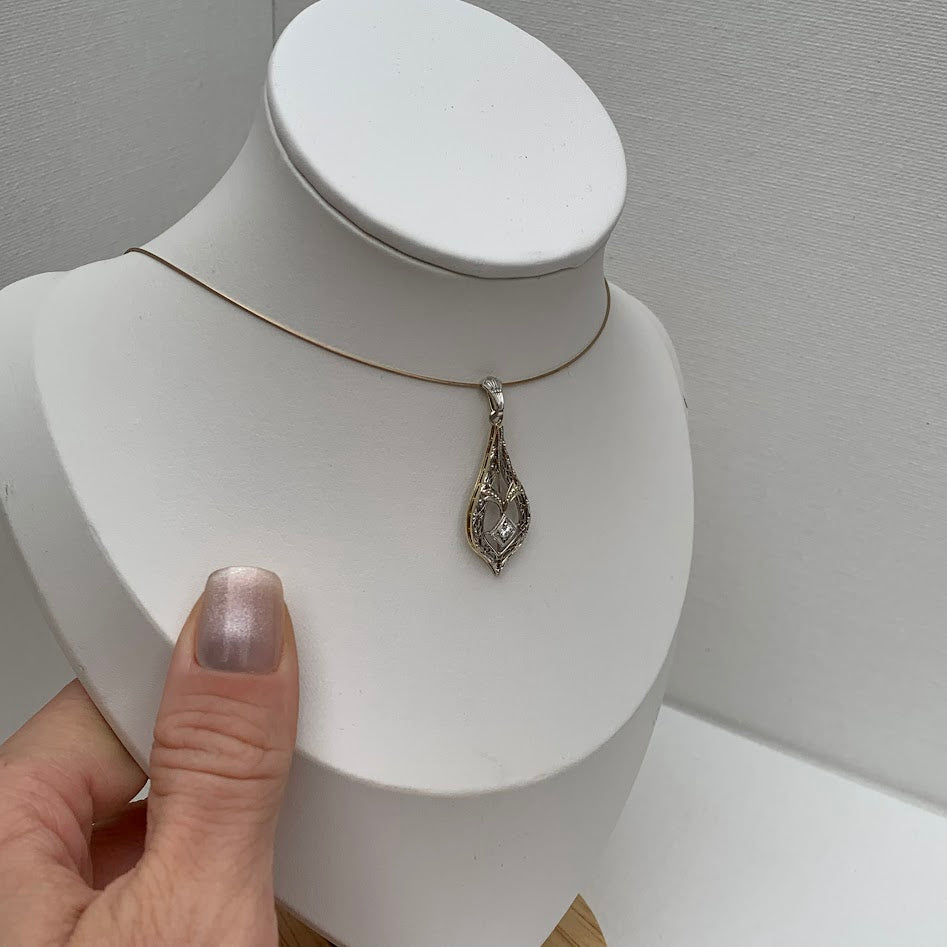 Art Deco 14K Gold & Platinum Natural Diamond Pendant