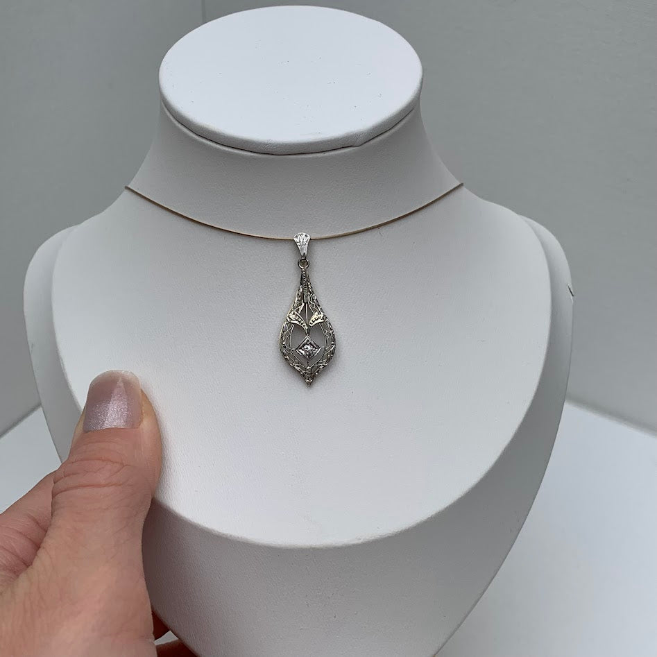 Art Deco 14K Gold & Platinum Natural Diamond Pendant