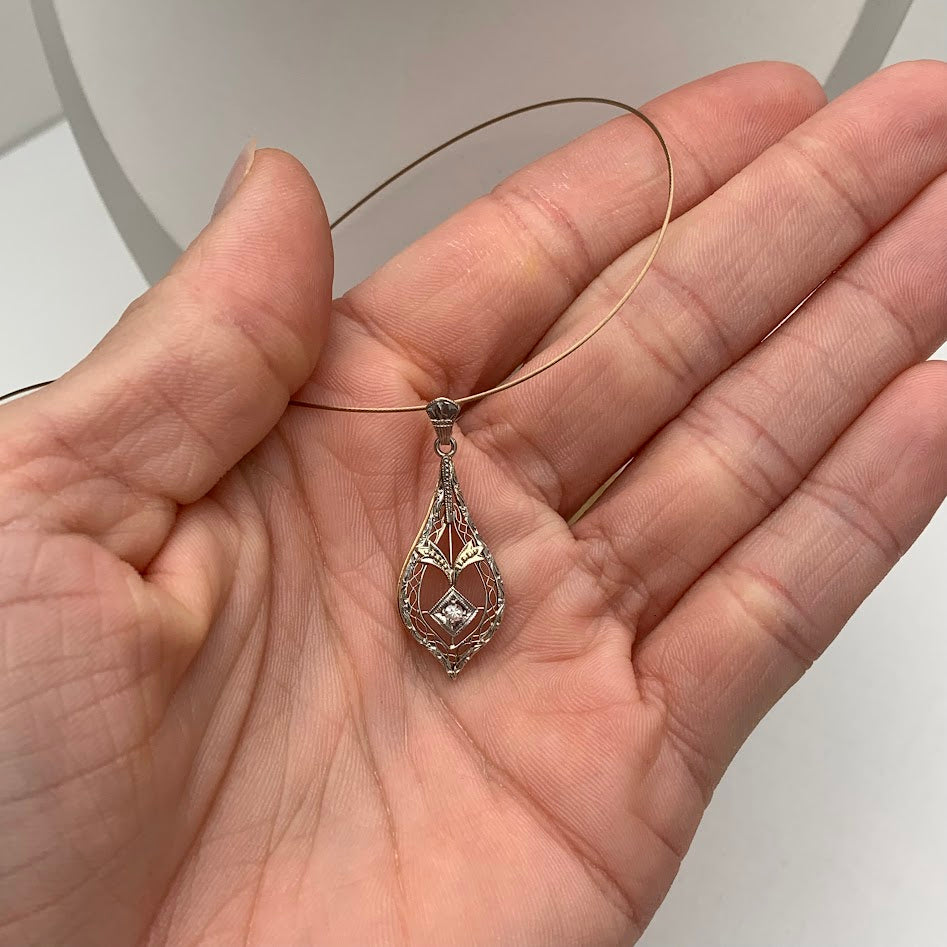 Art Deco 14K Gold & Platinum Natural Diamond Pendant