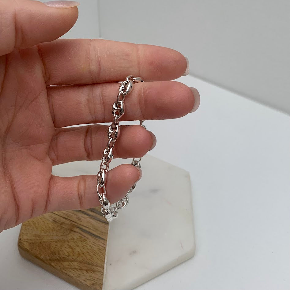 Sterling Silver Coffee Bean Gucci Link Bracelet | 7"