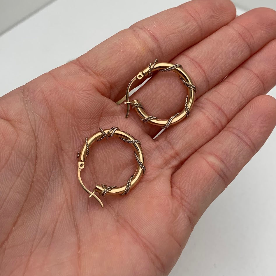 10K Gold Two-Tone Twisted Rope Hoop Earrings | 2.87g