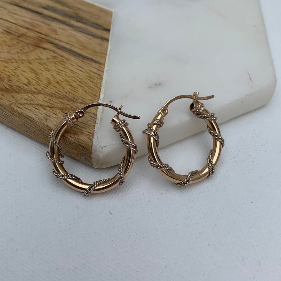 10K Gold Two-Tone Twisted Rope Hoop Earrings | 2.87g