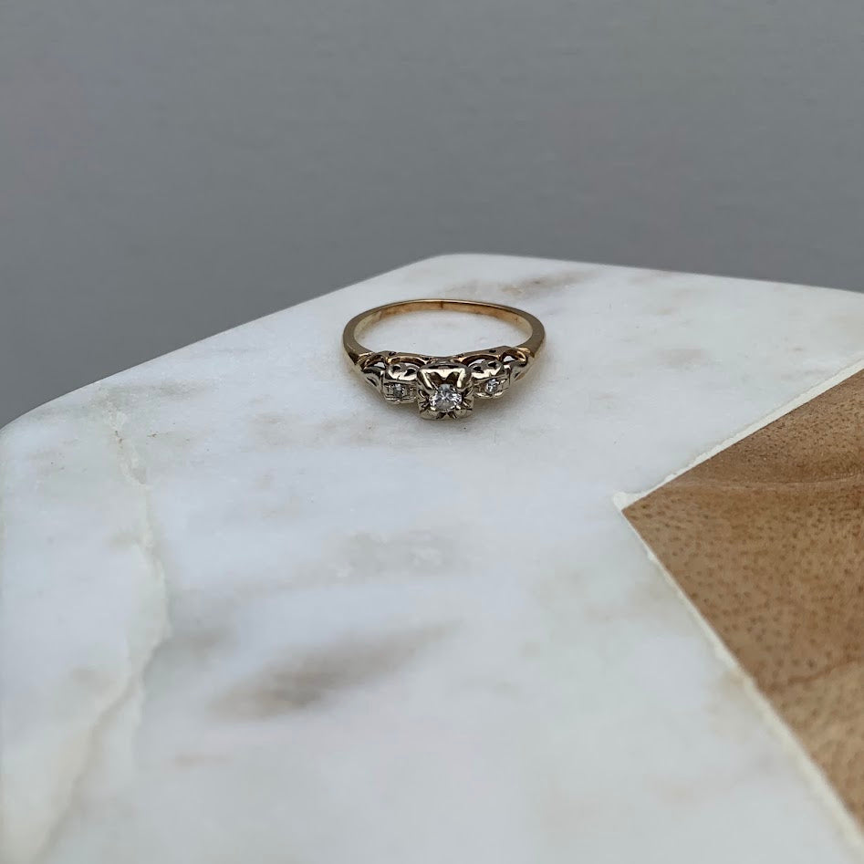 10K Two-Tone Gold Diamond Art Deco Style Ring | Size 7.5