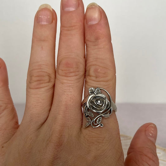 Vintage Sterling Silver Rose Ring with CZ Accent | Size 9