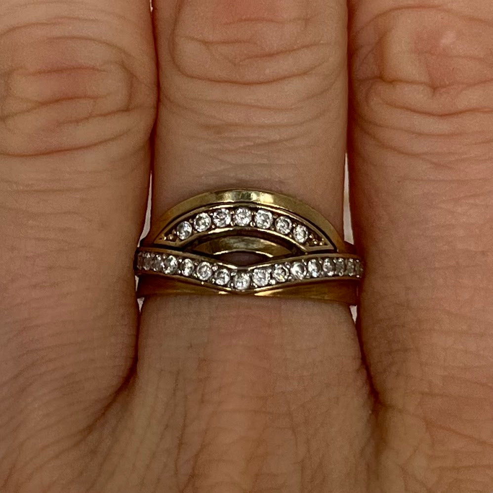 Vintage 333 Gold Multi-Row Ring with Clear Stone Accents