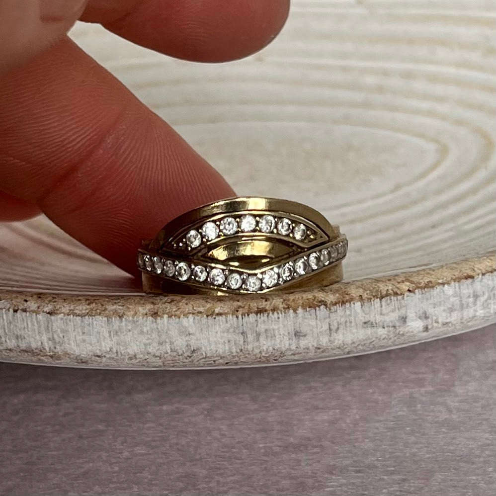 Vintage 333 Gold Multi-Row Ring with Clear Stone Accents