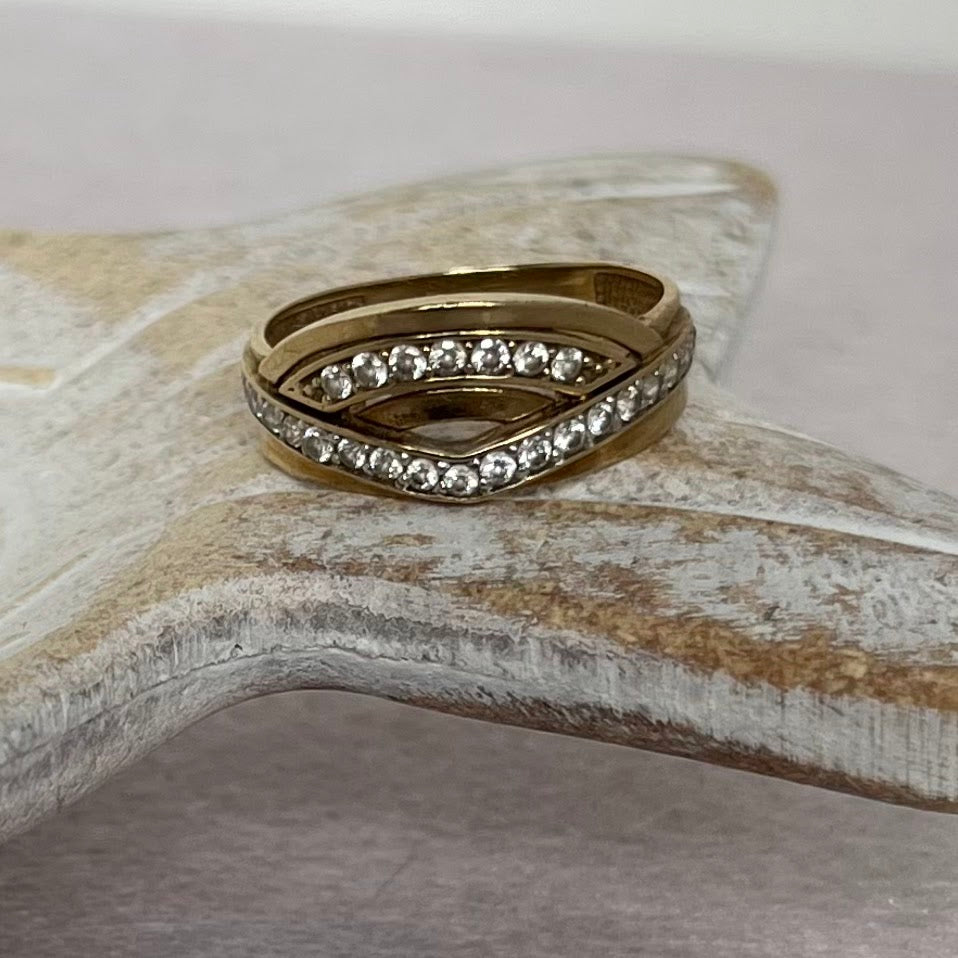 Vintage 333 Gold Multi-Row Ring with Clear Stone Accents