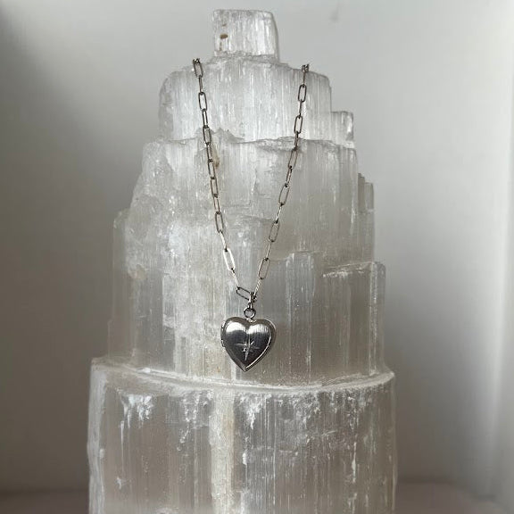 Vintage Sterling Silver Diamond Heart Locket Necklace with Paperclip Chain