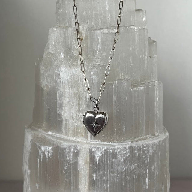 Vintage Sterling Silver Diamond Heart Locket Necklace with Paperclip Chain