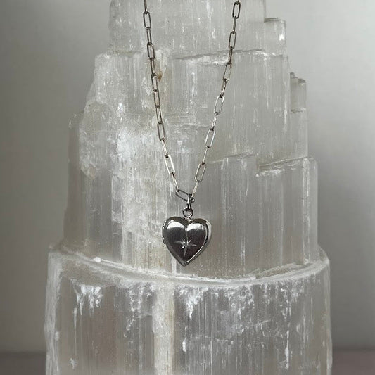 Vintage Sterling Silver Diamond Heart Locket Necklace with Paperclip Chain