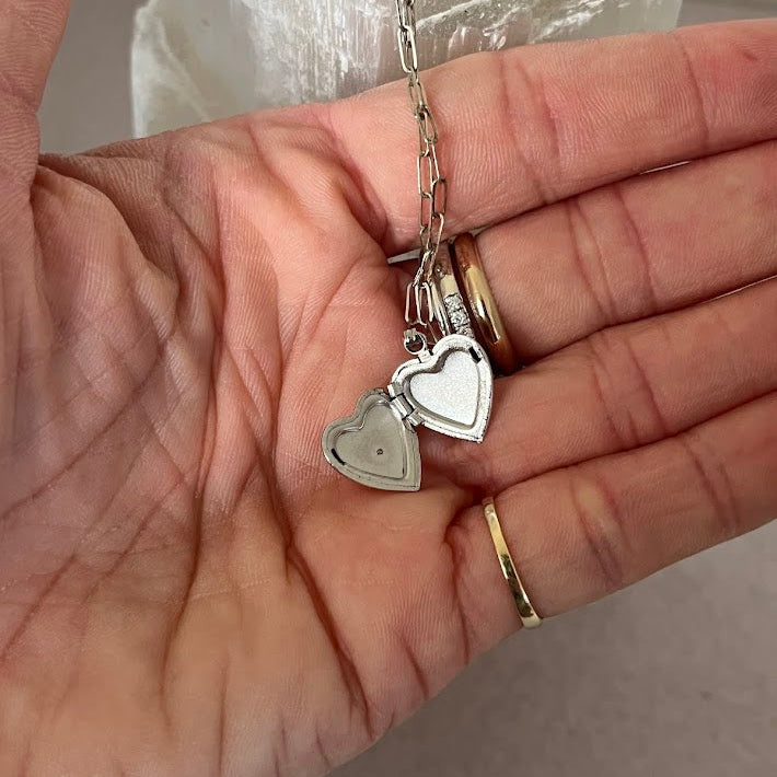 Vintage Sterling Silver Diamond Heart Locket Necklace with Paperclip Chain