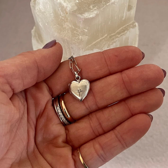 Vintage Sterling Silver Diamond Heart Locket Necklace with Paperclip Chain