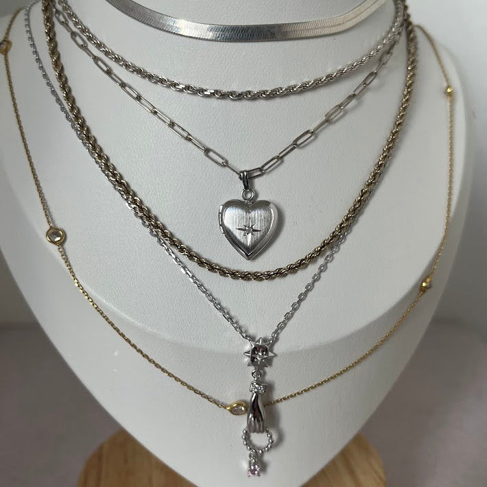 Vintage Sterling Silver Diamond Heart Locket Necklace with Paperclip Chain