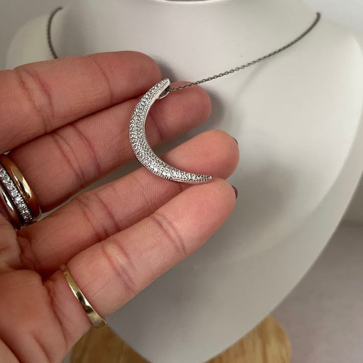 Sterling Silver Crescent Moon Pavé Pendant