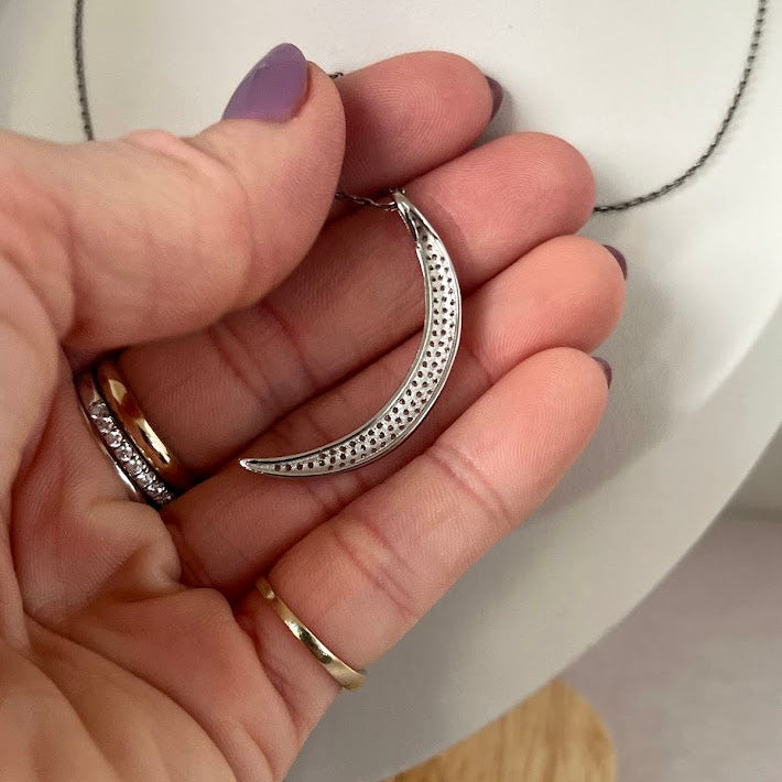Sterling Silver Crescent Moon Pavé Pendant