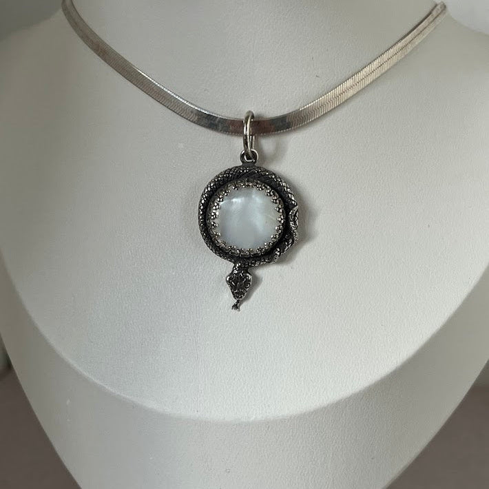 Sterling Silver Snake Pendant with Vintage Mother of Pearl