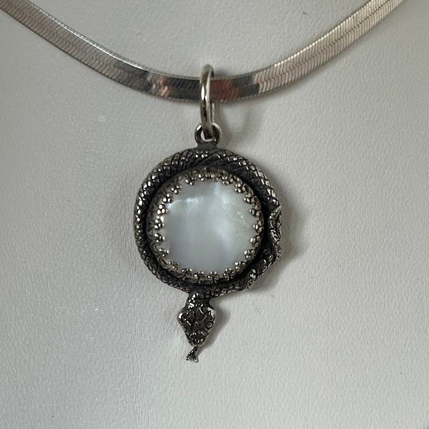 Sterling Silver Snake Pendant with Vintage Mother of Pearl