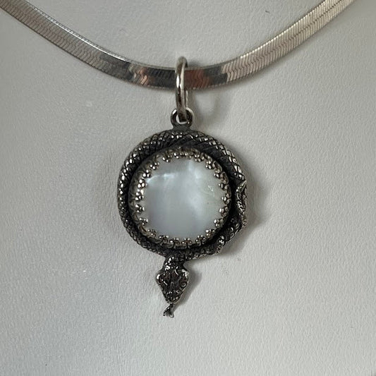 Sterling Silver Snake Pendant with Vintage Mother of Pearl