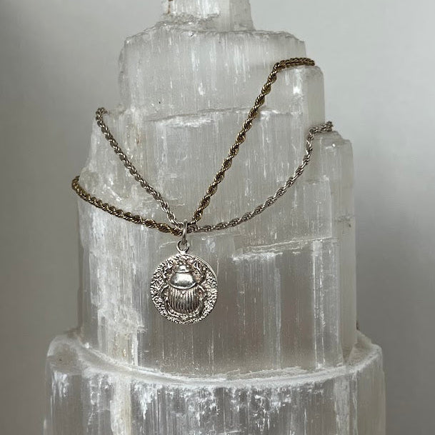 Sterling Silver Scarab Beetle Pendant with Rope Chain - 16"