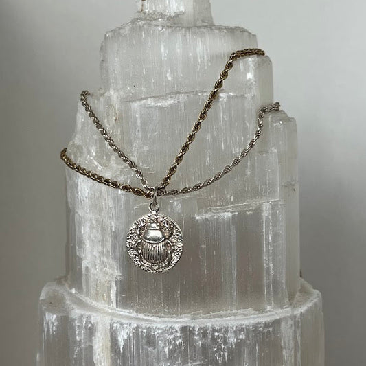 Sterling Silver Scarab Beetle Pendant with Rope Chain - 16"