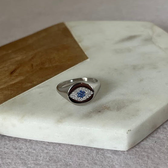 Sterling Silver Evil Eye Signet Ring | Blue & White CZ | Size 8