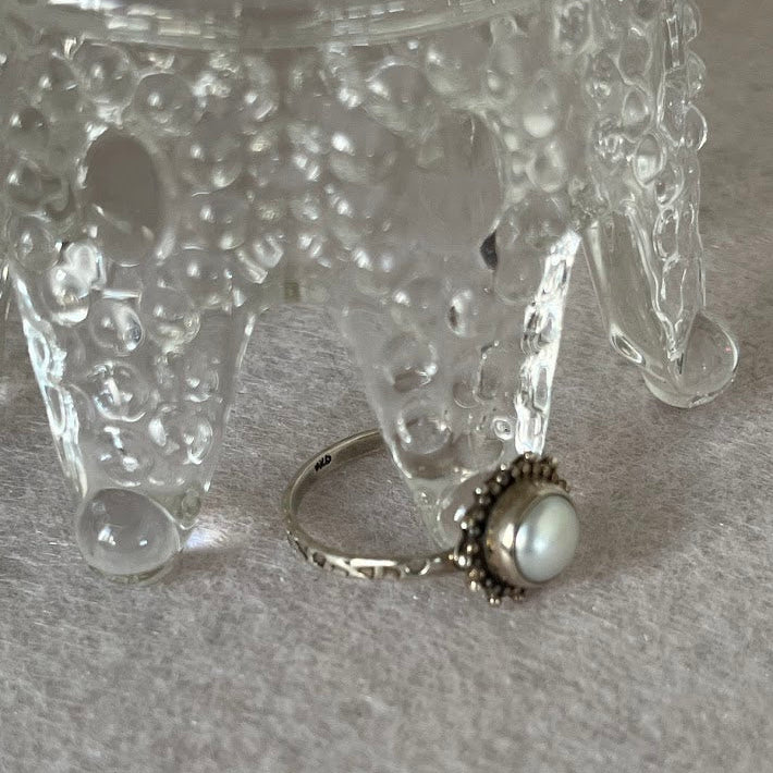 Vintage Style Pearl Sunburst Ring in Sterling Silver - Size 8.25
