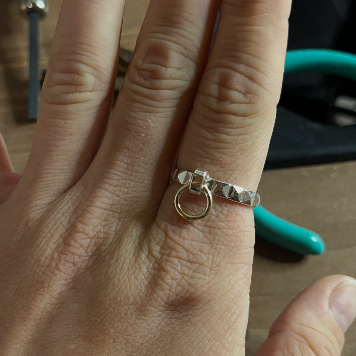 Door Knocker Pyramid Ring - Sterling Silver & 10k Gold