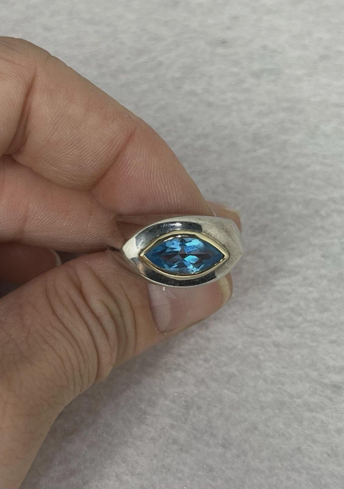Vintage Blue Topaz Ring 925 Sterling Silver & 14k Gold East West Marquise Size 7