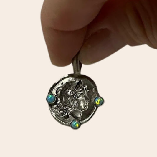 Fine Silver Roman Coin–Inspired Talisman Pendant | Cast Intaglio Relief | Lab Opal | Studio Made